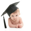 A Portrait of a sitting baby with a graduation cap